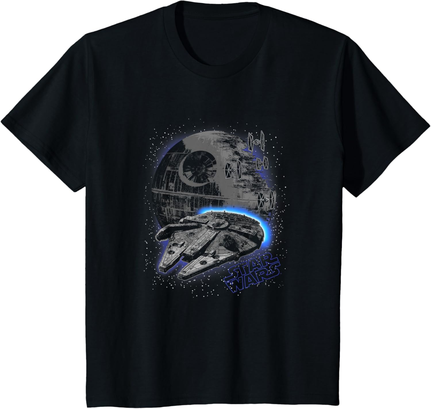 Star Wars Classic Millennium Falcon Flying Over Death Star T-shirt