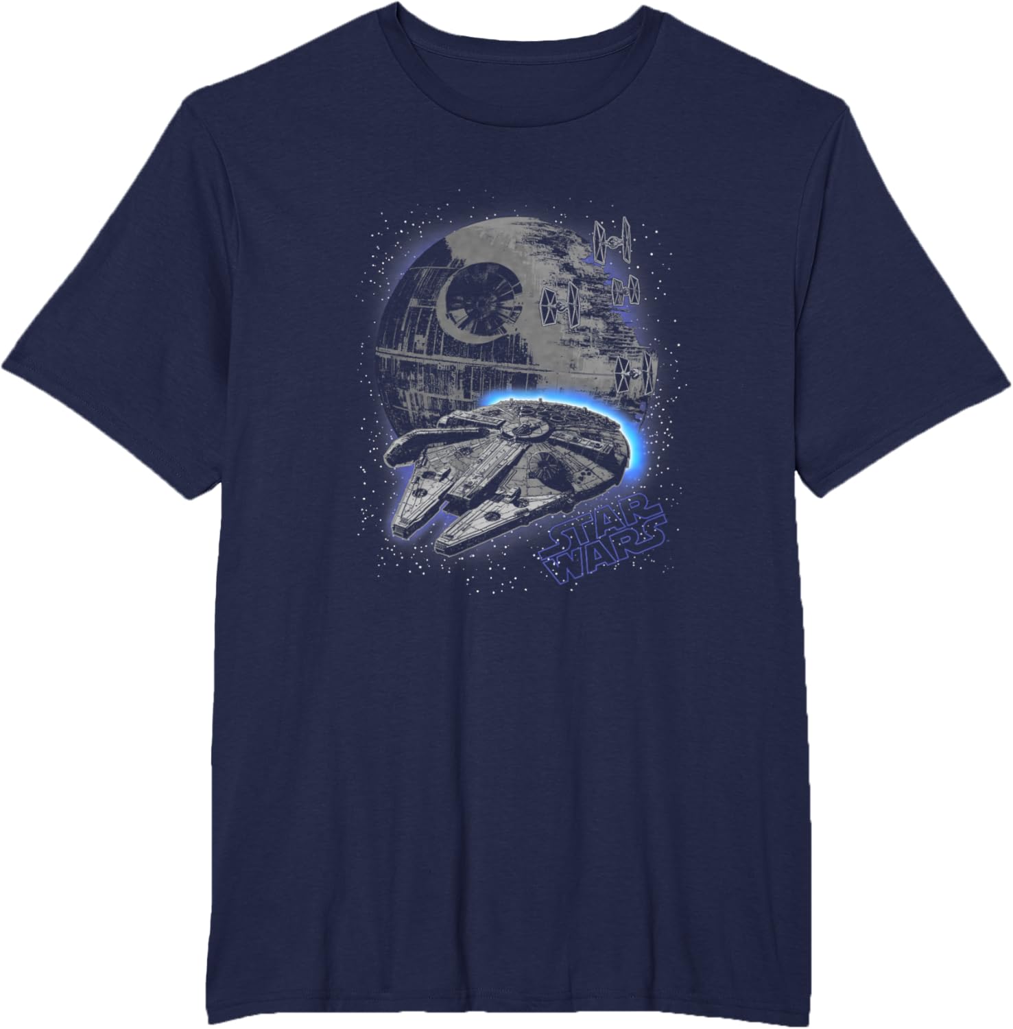 Star Wars Classic Millennium Falcon Flying Over Death Star T-shirt