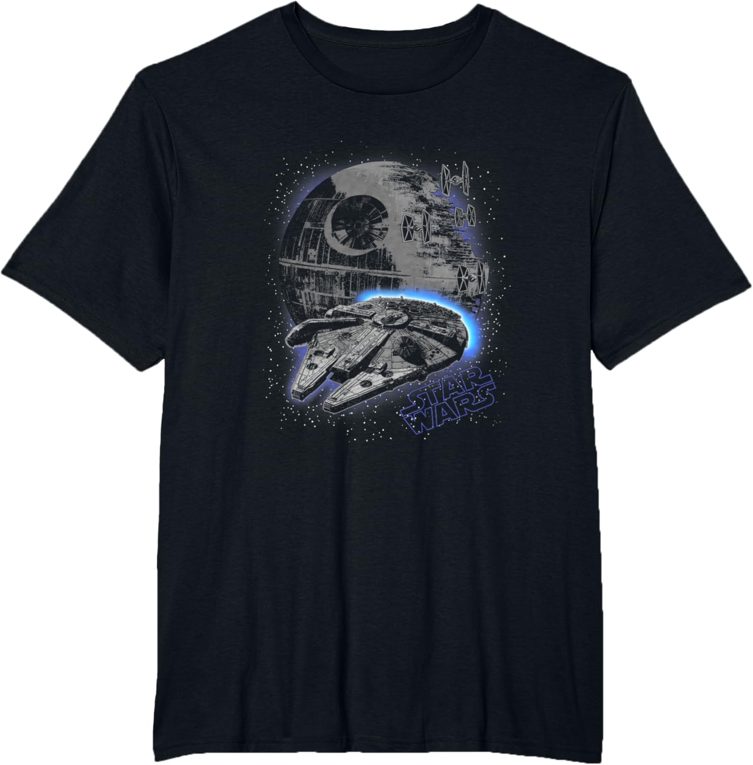 Star Wars Classic Millennium Falcon Flying Over Death Star T-shirt