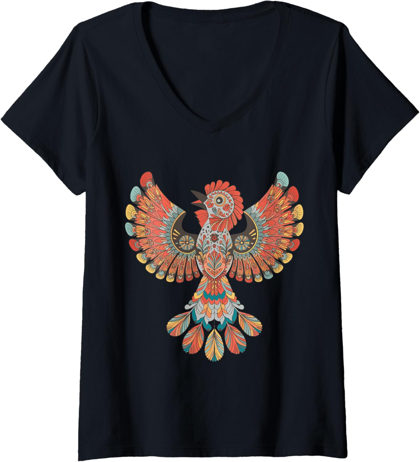Womens Floral Bird Otomi Mexican Embroidery Style Mexicano Mexicana V-neck T-shirt
