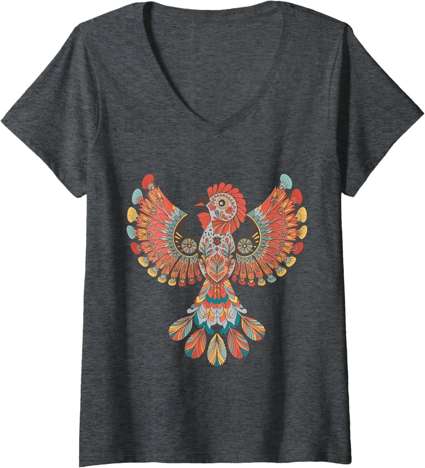 Womens Floral Bird Otomi Mexican Embroidery Style Mexicano Mexicana V-neck T-shirt