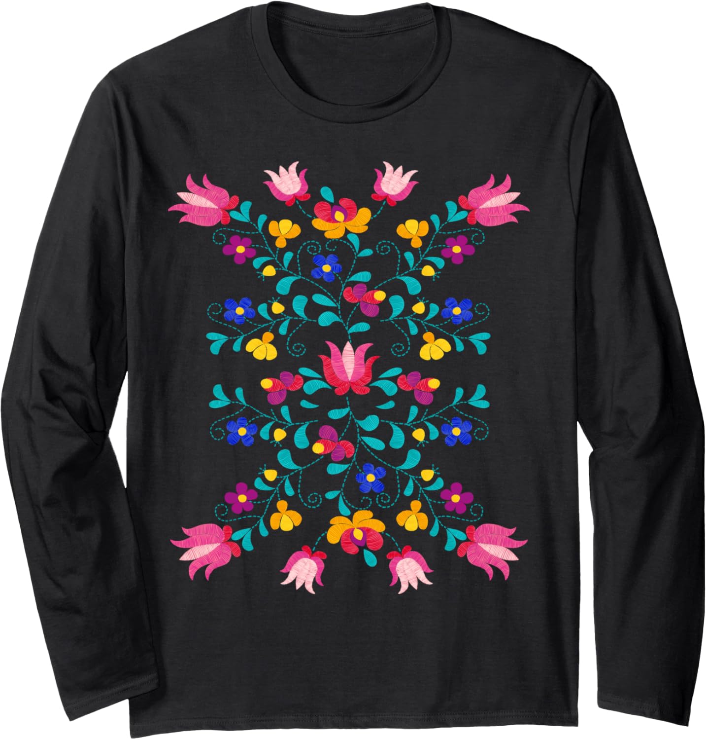 Floral Mexican Faux Embroidered Style Flower Boho Spring Long Sleeve T-shirt