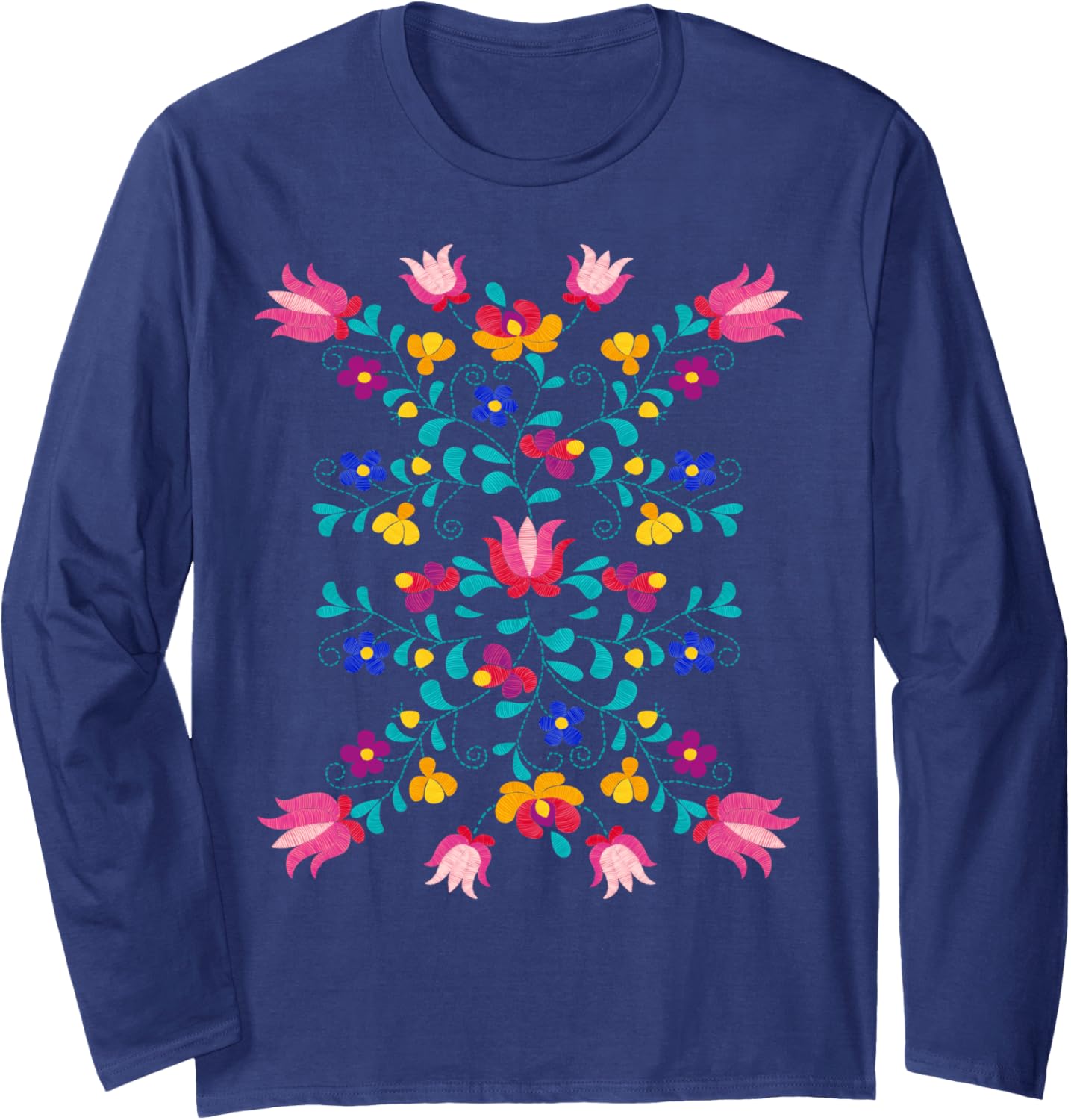Floral Mexican Faux Embroidered Style Flower Boho Spring Long Sleeve T-shirt