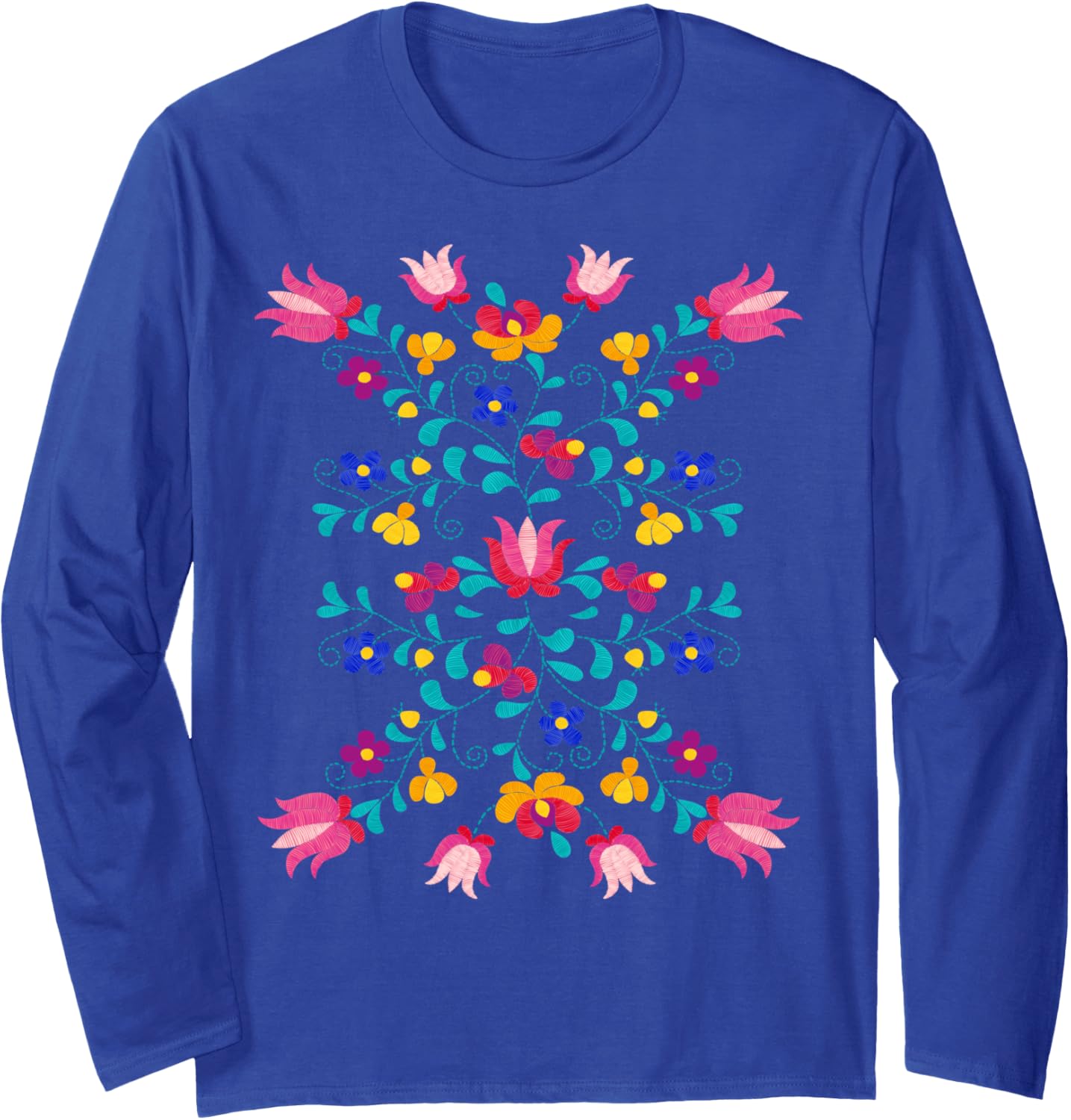 Floral Mexican Faux Embroidered Style Flower Boho Spring Long Sleeve T-shirt