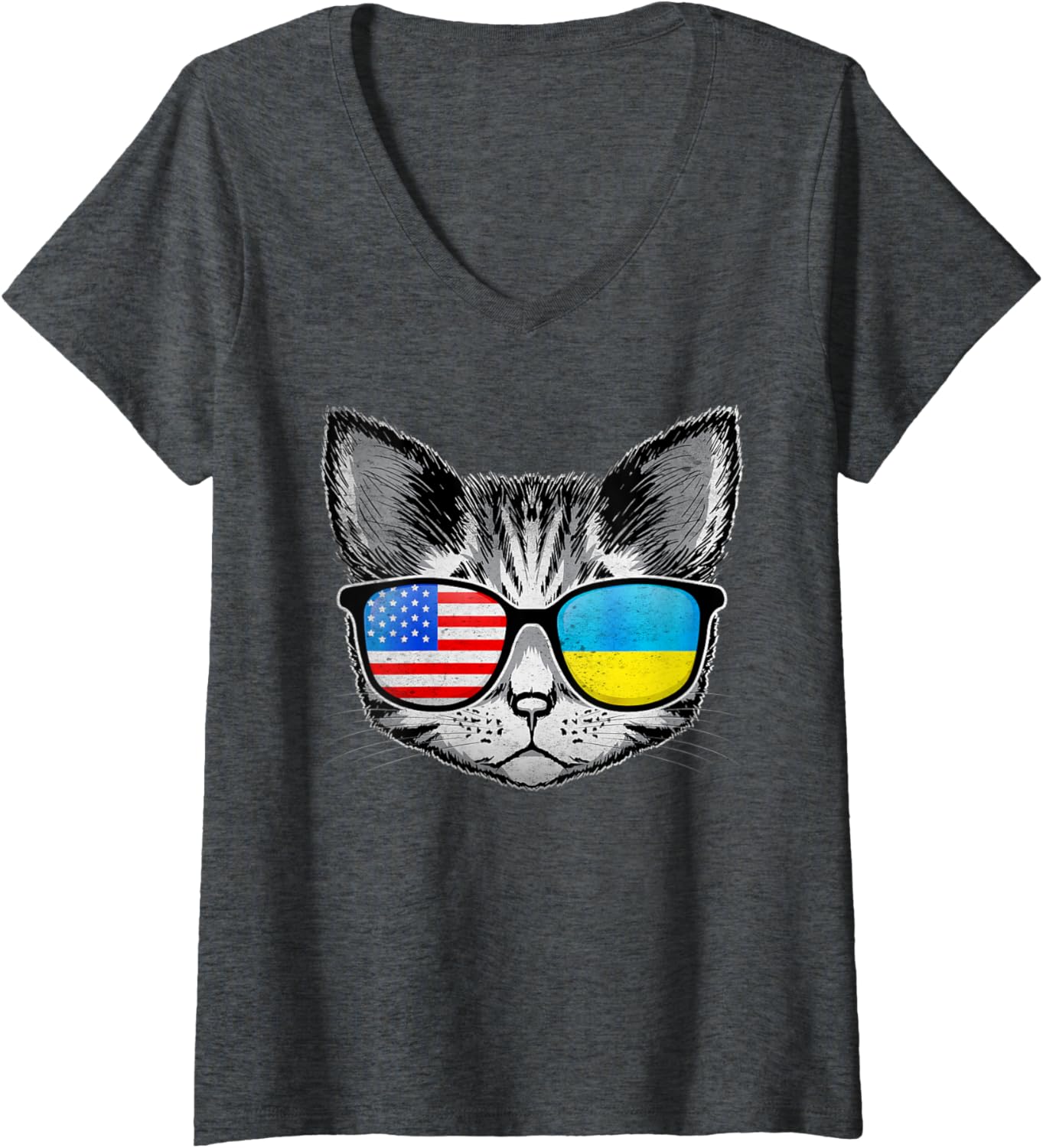Womens Ukraine Us Flag Roots Cat Ukrainian American V-neck T-shirt