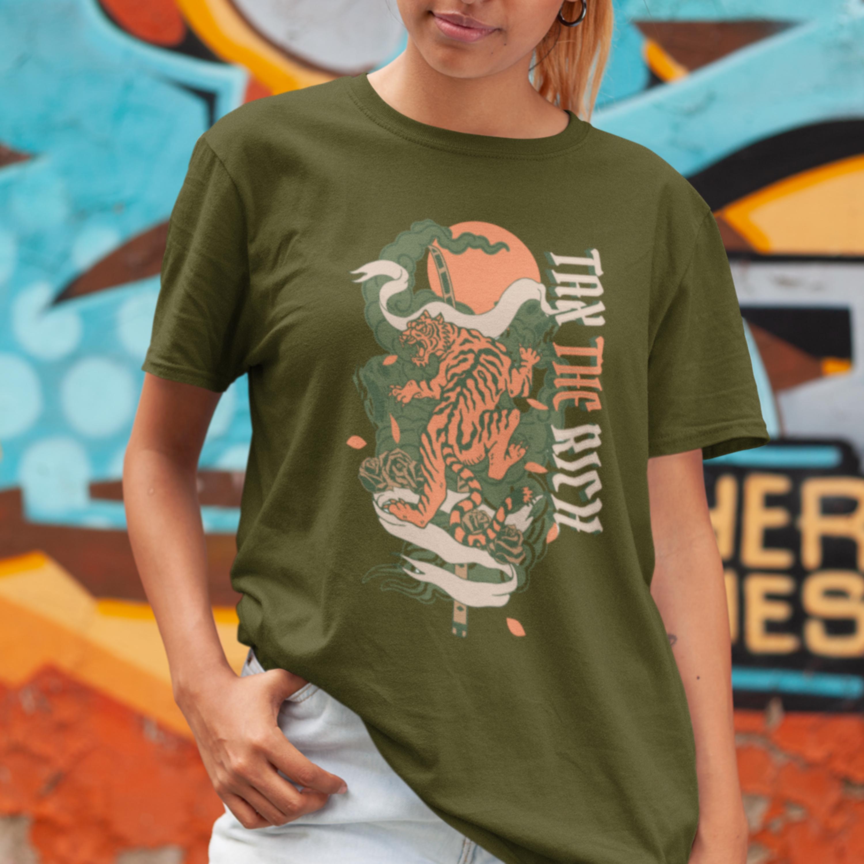 Tax The Rich T-shirt Vintage Tiger Manga Style Anti-capitalist Streetwear Political Graphic Tee Punk Aesthetic Oversized Shirt