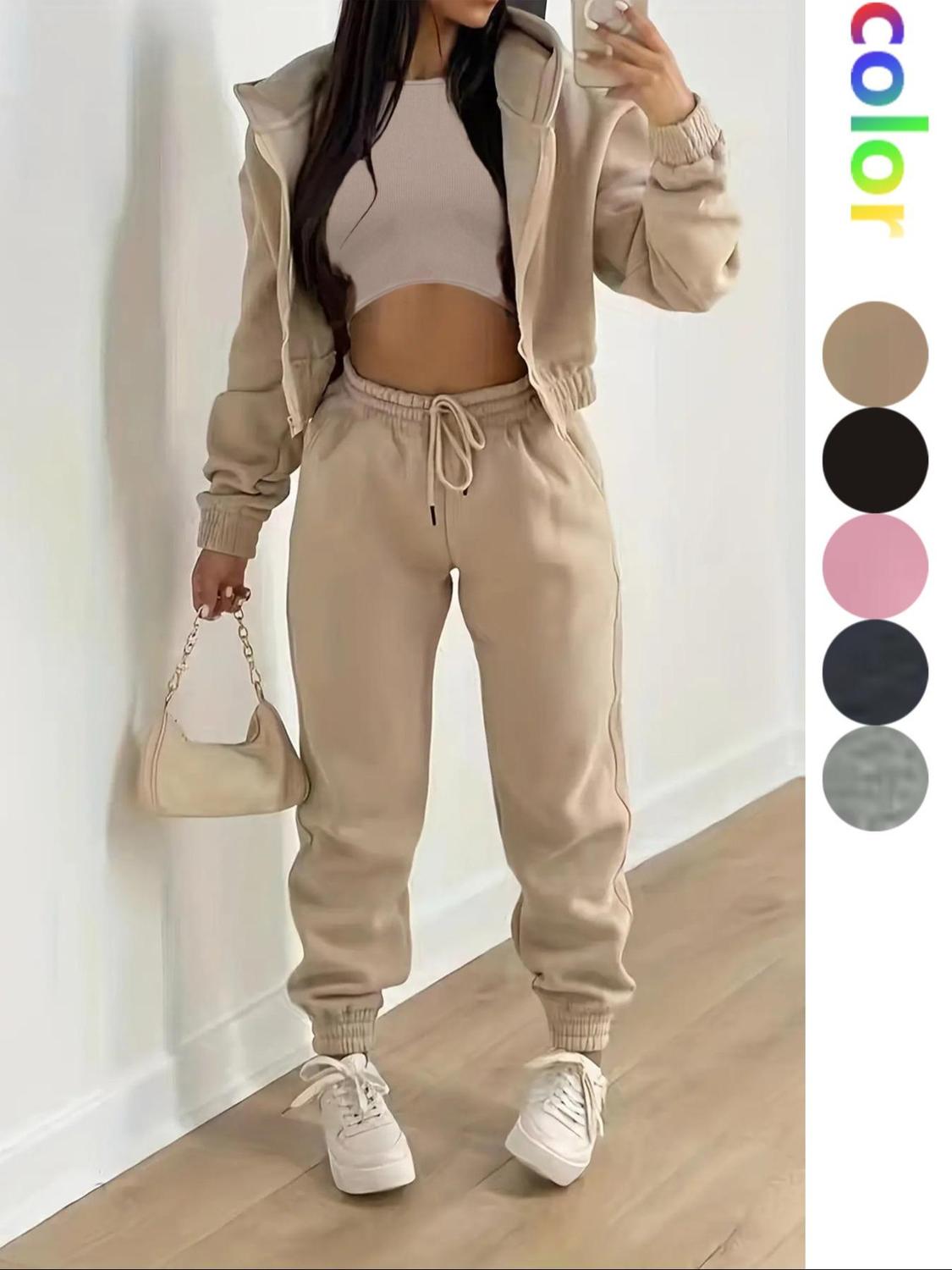 Solid Drop Shoulder Zipper Hoodie Drawstring Waist Pants Sleeveless Crop Tank Top Set Co-ord Set Lady Clothes For Outdoor Please Purchase A Size Up Fall Outfits For Women