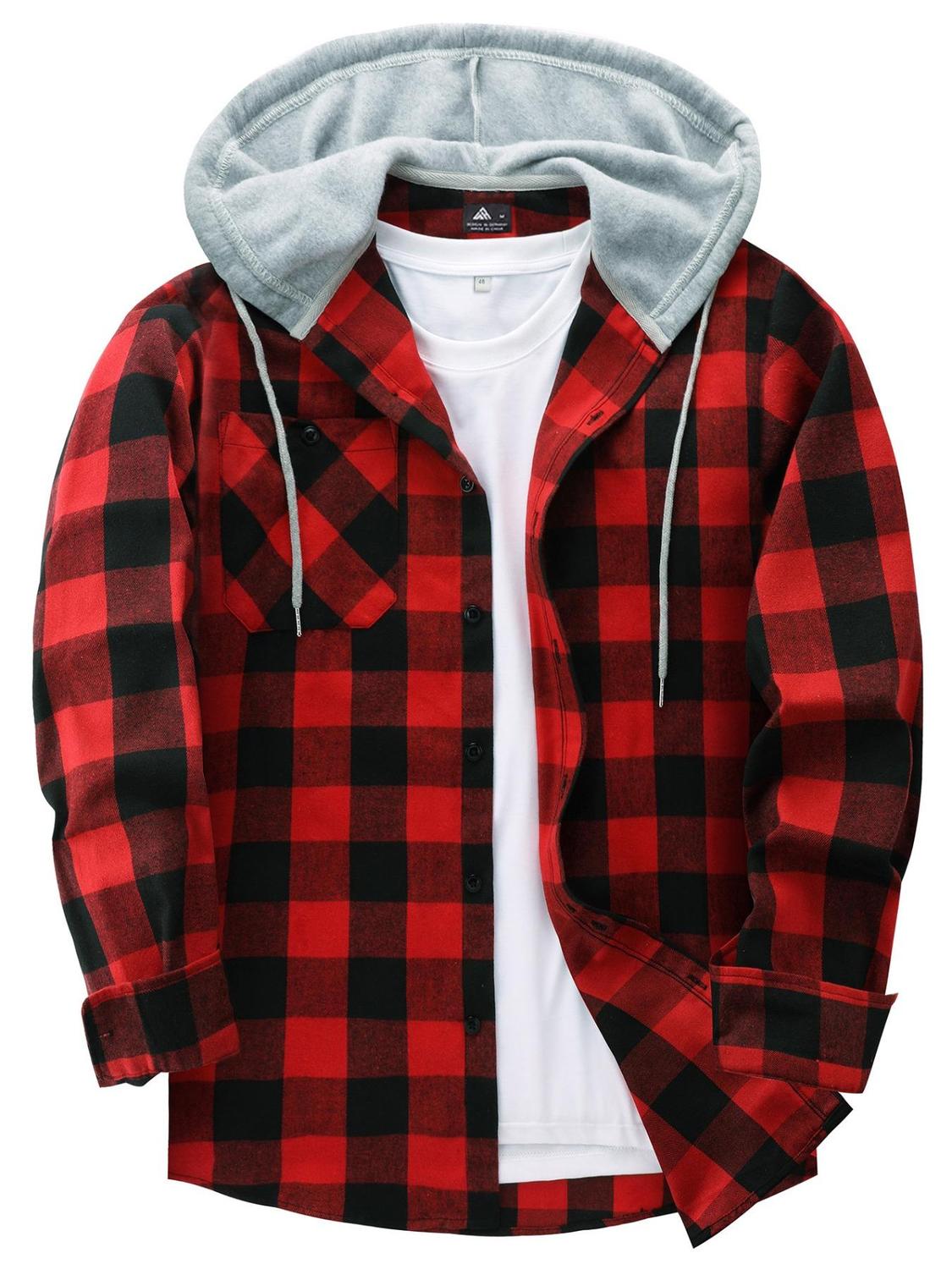 Men's Plaid Print Button Front Drawstring Hooded Shirt Shirts For Men Back To School Outfits Regular Fit Street Long Sleeve Pocket Hoodie Top Men's 2000s Shirts Streetwear Errands Outfit Mens Fall Shirts Fall Outfits Earthtone Fallfreshness