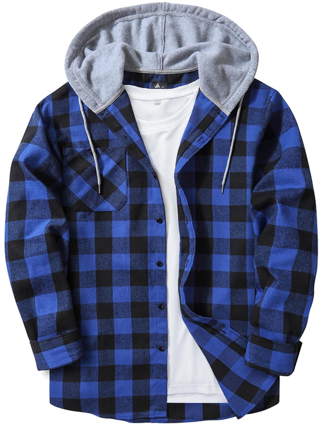 Men's Plaid Print Button Front Drawstring Hooded Shirt Shirts For Men Back To School Outfits Regular Fit Street Long Sleeve Pocket Hoodie Top Men's 2000s Shirts Streetwear Errands Outfit Mens Fall Shirts Fall Outfits Earthtone Fallfreshness