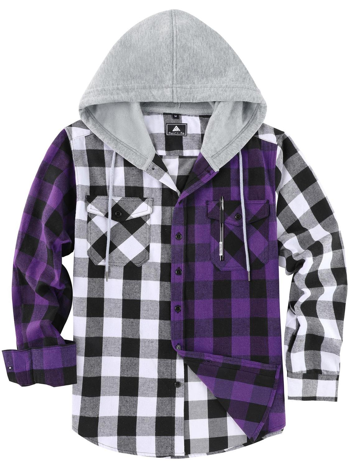 Men's Plaid Print Button Front Drawstring Hooded Shirt Shirts For Men Back To School Outfits Regular Fit Street Long Sleeve Pocket Hoodie Top Men's 2000s Shirts Streetwear Errands Outfit Mens Fall Shirts Fall Outfits Earthtone Fallfreshness