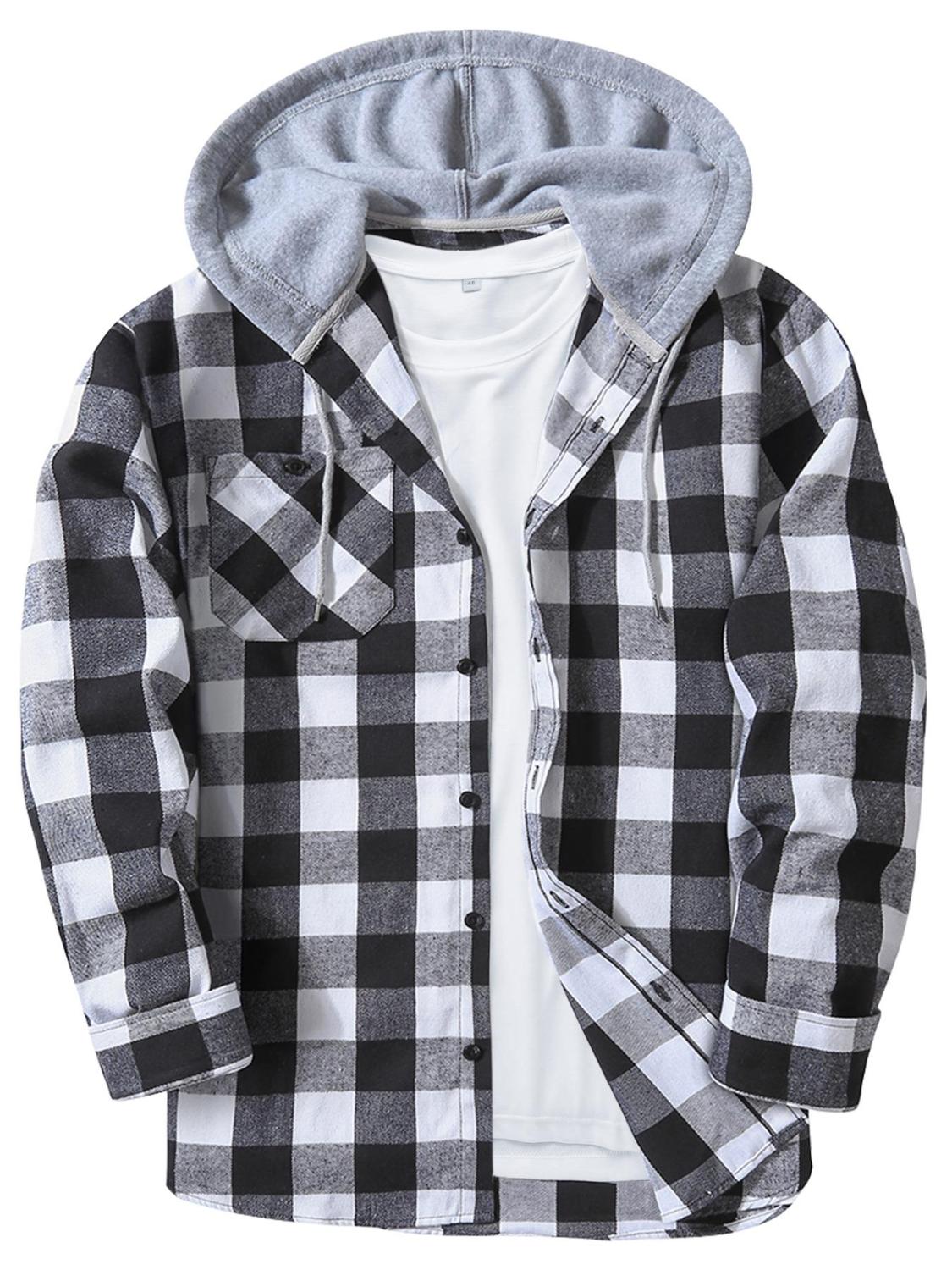 Men's Plaid Print Button Front Drawstring Hooded Shirt Shirts For Men Back To School Outfits Regular Fit Street Long Sleeve Pocket Hoodie Top Men's 2000s Shirts Streetwear Errands Outfit Mens Fall Shirts Fall Outfits Earthtone Fallfreshness