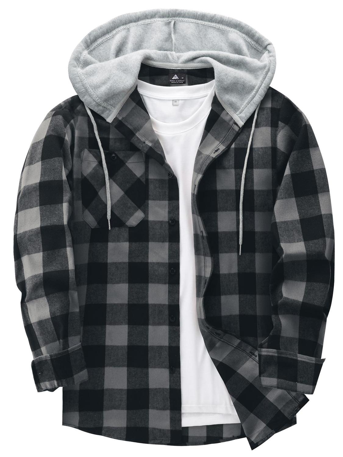 Men's Plaid Print Button Front Drawstring Hooded Shirt Shirts For Men Back To School Outfits Regular Fit Street Long Sleeve Pocket Hoodie Top Men's 2000s Shirts Streetwear Errands Outfit Mens Fall Shirts Fall Outfits Earthtone Fallfreshness