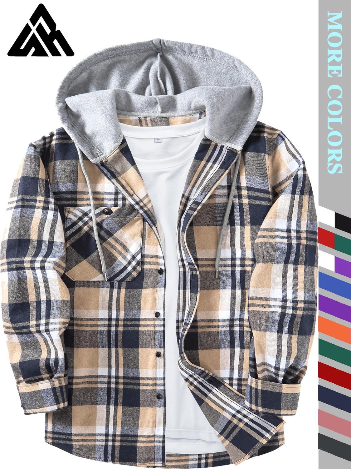 Men's Plaid Print Button Front Drawstring Hooded Shirt Shirts For Men Back To School Outfits Regular Fit Street Long Sleeve Pocket Hoodie Top Men's 2000s Shirts Streetwear Errands Outfit Mens Fall Shirts Fall Outfits Earthtone Fallfreshness