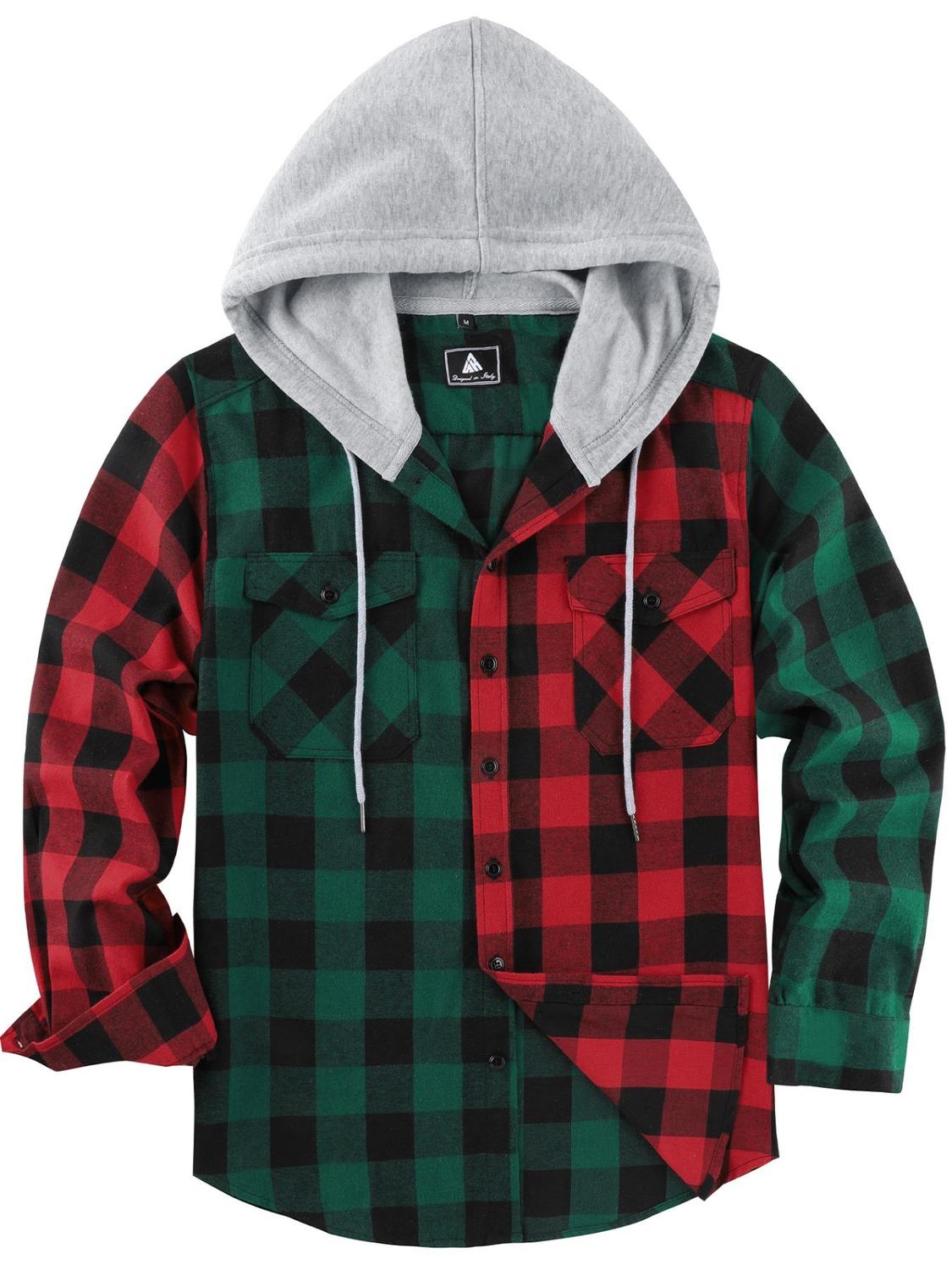 Men's Plaid Print Button Front Drawstring Hooded Shirt Shirts For Men Back To School Outfits Regular Fit Street Long Sleeve Pocket Hoodie Top Men's 2000s Shirts Streetwear Errands Outfit Mens Fall Shirts Fall Outfits Earthtone Fallfreshness