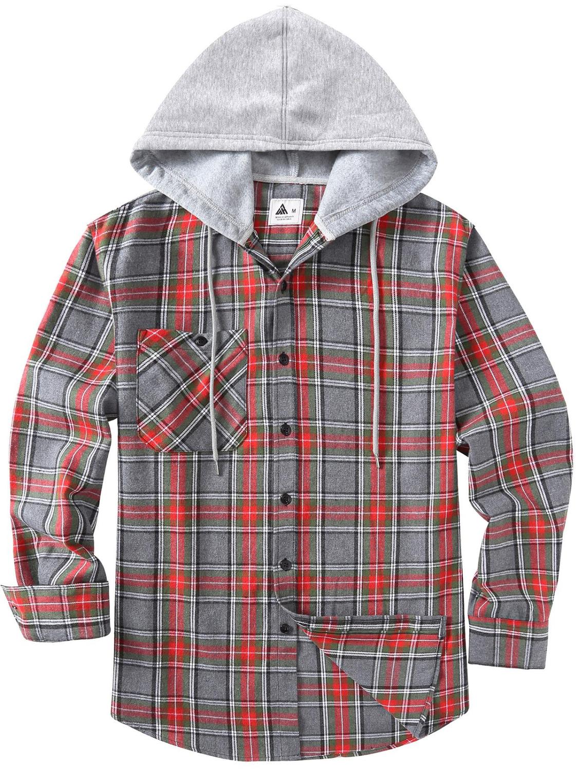 Men's Plaid Print Button Front Drawstring Hooded Shirt Shirts For Men Back To School Outfits Regular Fit Street Long Sleeve Pocket Hoodie Top Men's 2000s Shirts Streetwear Errands Outfit Mens Fall Shirts Fall Outfits Earthtone Fallfreshness