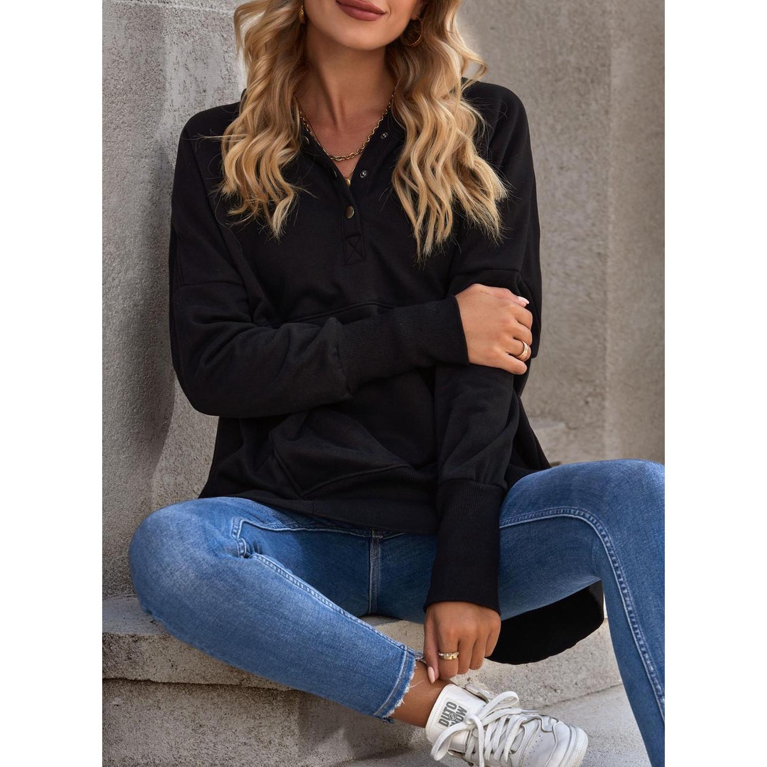 Evaless Women Fall Casual Sweatshirts Top Button V Neck Oversized Cotton Basic Henley Pullover Hoodie 2024 Fashion Outfit Clothing Womenswear Sweaters