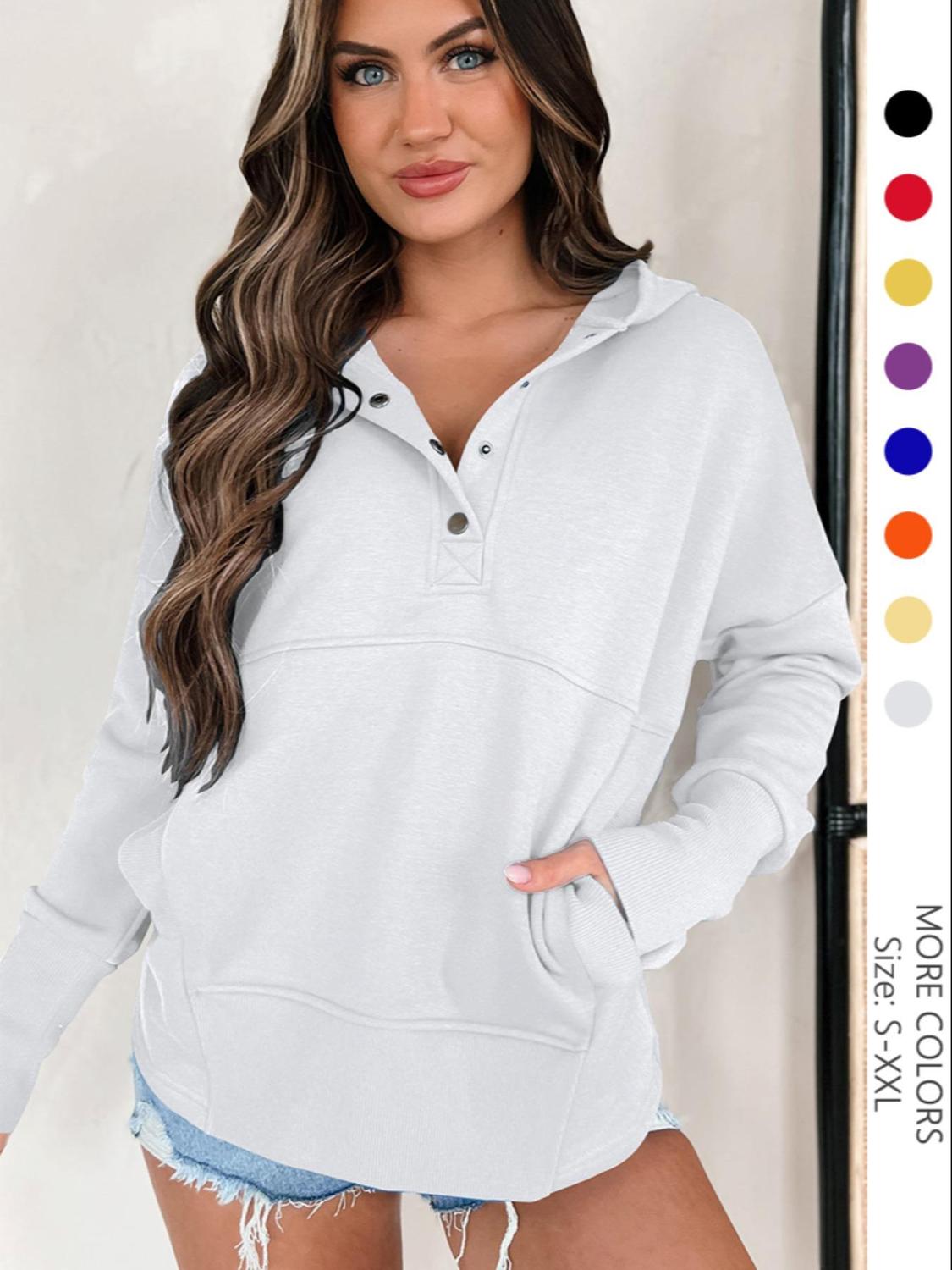 Women's Plain Pocket Button Drop Shoulder Hoodie Casual Long Sleeve Hooded Pullover For Daily Wear Hoodies For Women Ladies Clothes For Fall