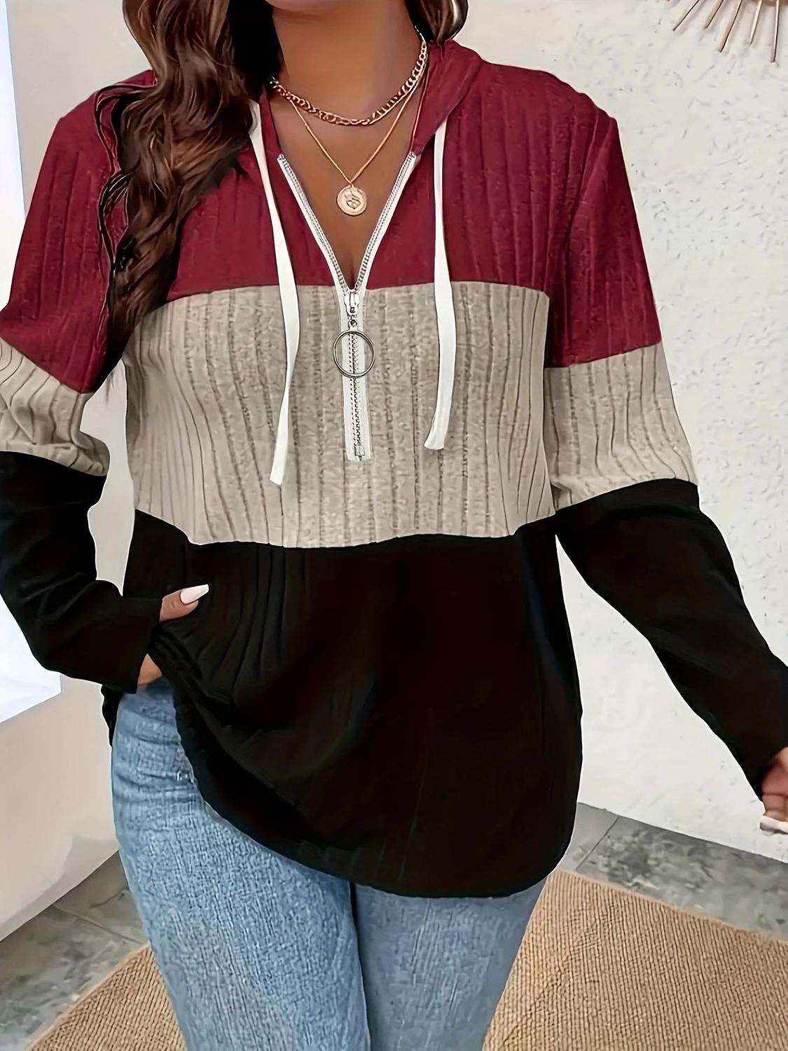 Plus Size Women's Colorblock Drawstring Zip Up Hoodie Casual Long Sleeve Hooded Sweatshirt For Spring Fall Women's Clothing For Daily Wear