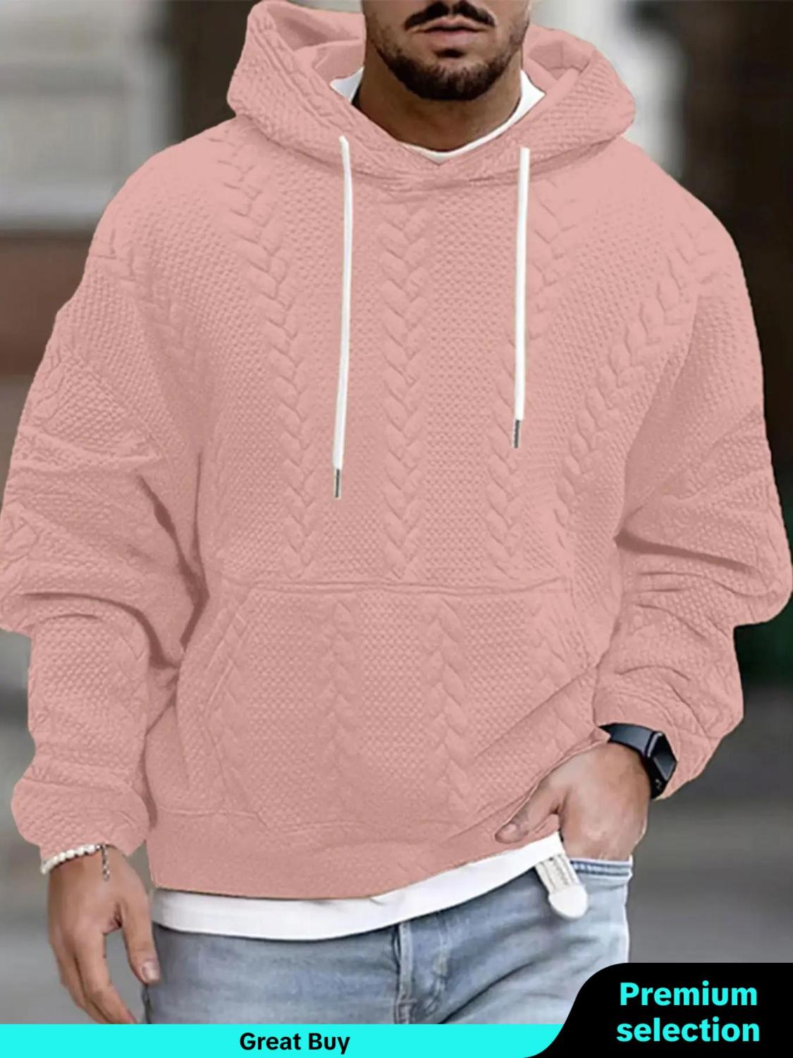 Men's Solid Textured Drawstring Hoodie Casual Loose Drop Shoulder Long Sleeve Hooded Sweatshirt For Fall Winter Men's Clothes For Daily Wear