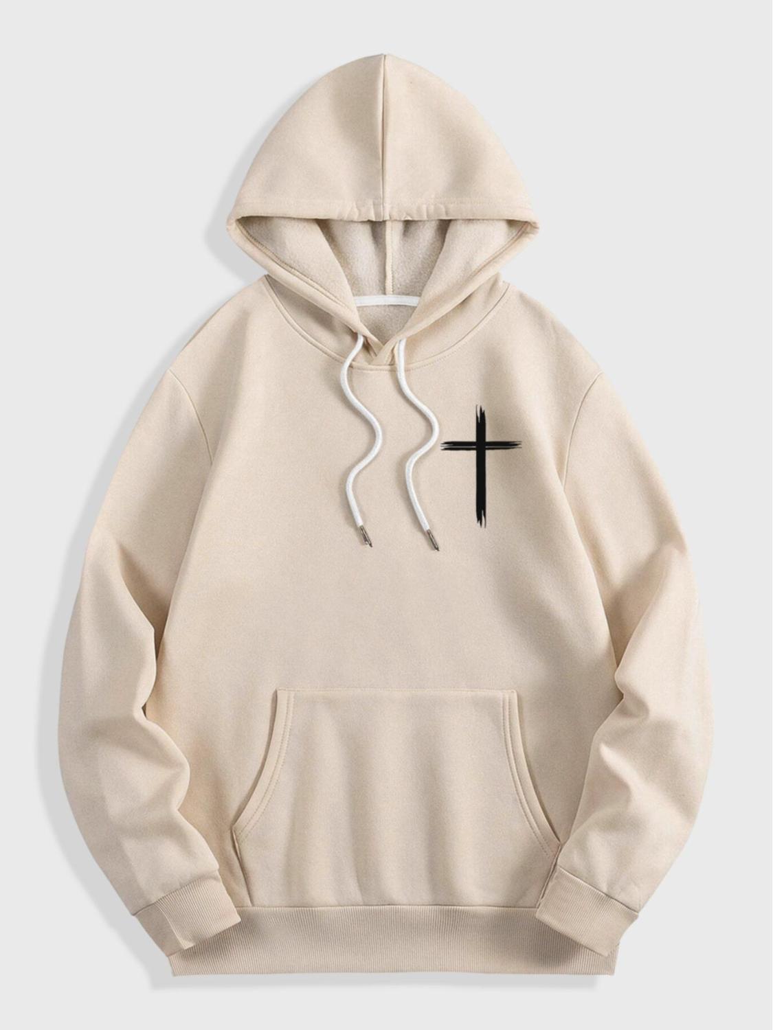 Men's Letter Cross Print Drop Shoulder Thermal Lined Hoodie Fashion Casual Regular Fit Drawstring Pocket Hooded Sweatshirt For Daily Holiday Outdoor Wear Men Clothes For Fall Winter