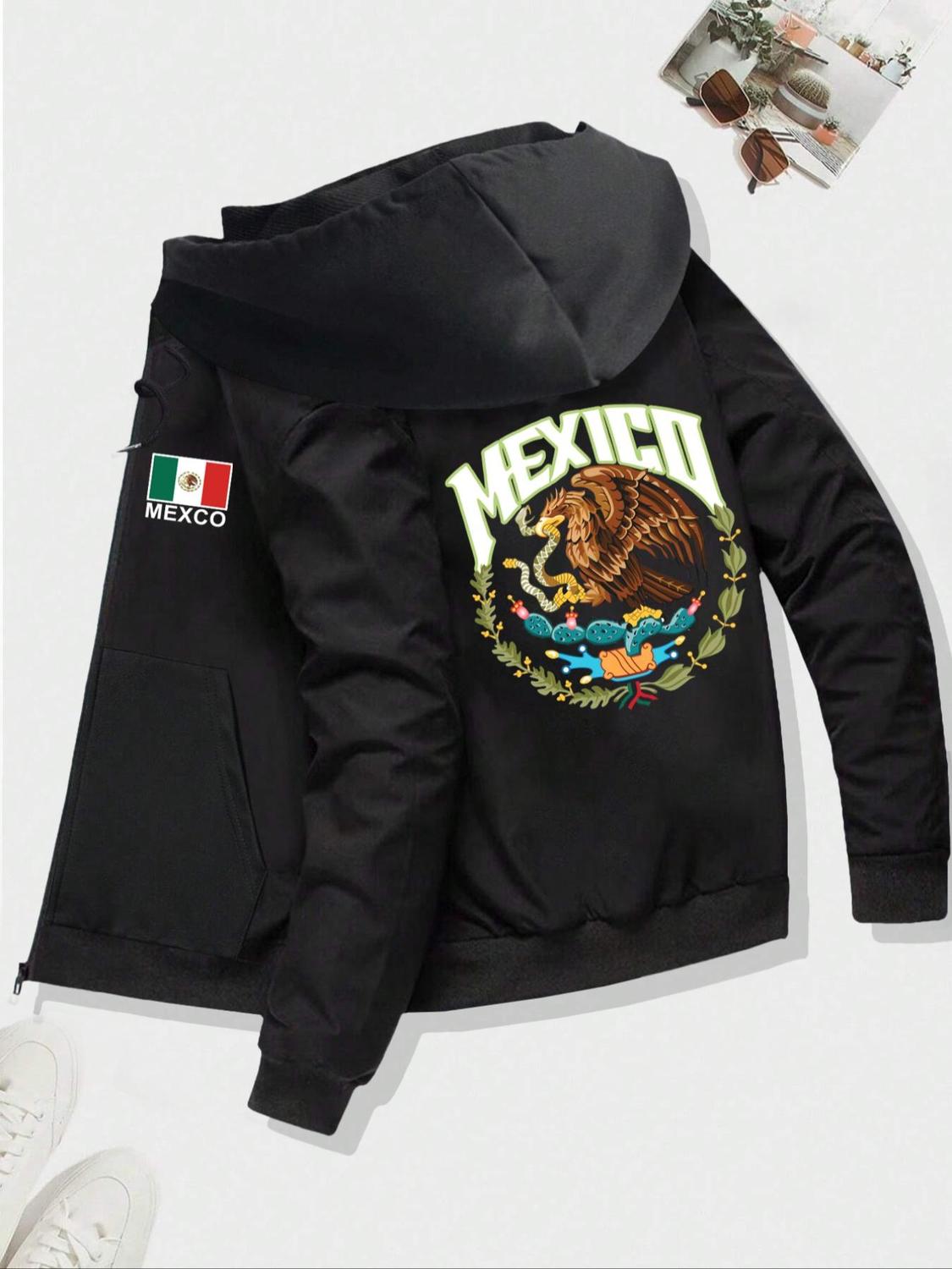 Men's Regular Fit Mexican Flag Eagle Print Hoodie Casual Letter Print Long Sleeve Hooded Sweatshirt For Fall Winter Men's Top For Daily Wear