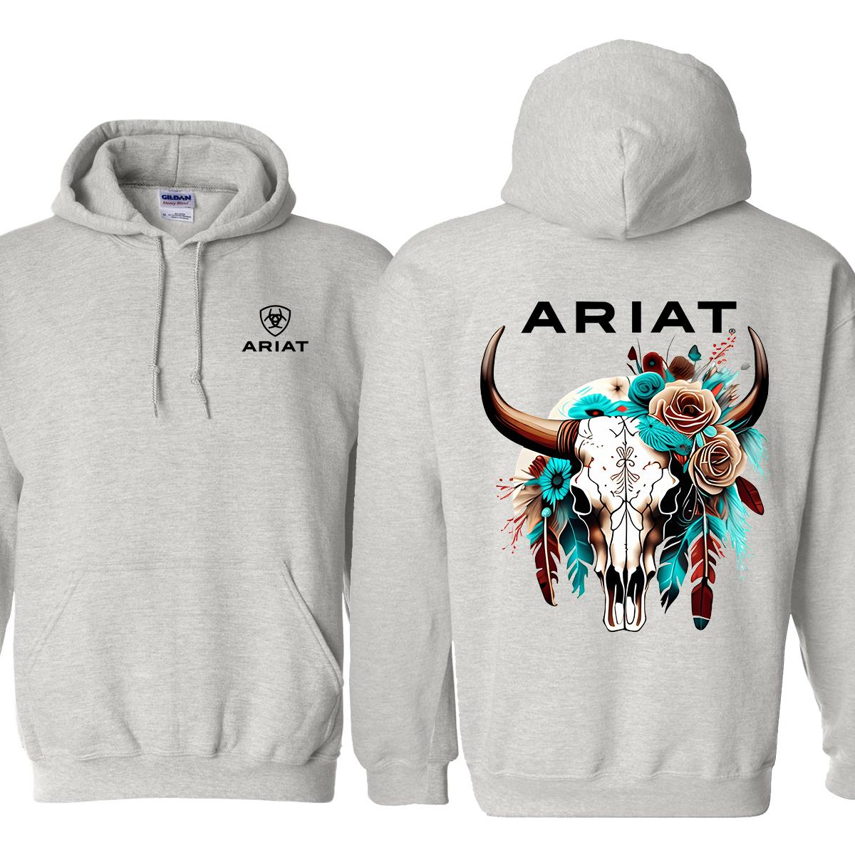 Ariat Hoodie - Sweatshirt - Tshirt Featuring A Wild Bull Skull Design With Intricate Floral Patterns Perfect For Outdoor Adventures Classic Cotton