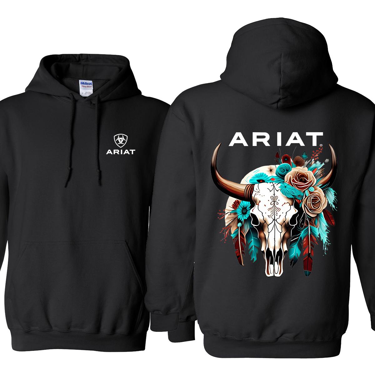 Ariat Hoodie - Sweatshirt - Tshirt Featuring A Wild Bull Skull Design With Intricate Floral Patterns Perfect For Outdoor Adventures Classic Cotton