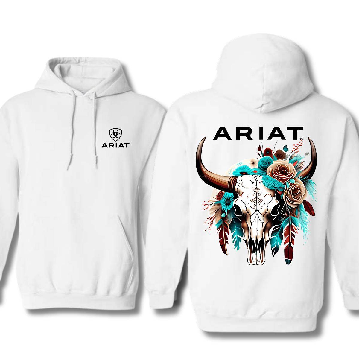 Ariat Hoodie - Sweatshirt - Tshirt Featuring A Wild Bull Skull Design With Intricate Floral Patterns Perfect For Outdoor Adventures Classic Cotton