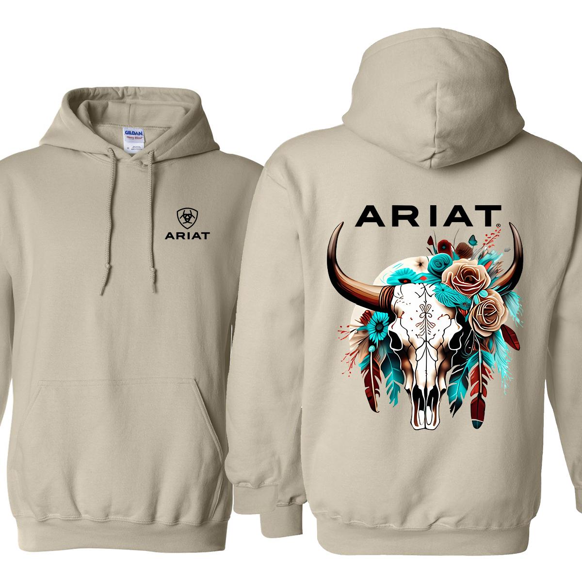 Ariat Hoodie - Sweatshirt - Tshirt Featuring A Wild Bull Skull Design With Intricate Floral Patterns Perfect For Outdoor Adventures Classic Cotton