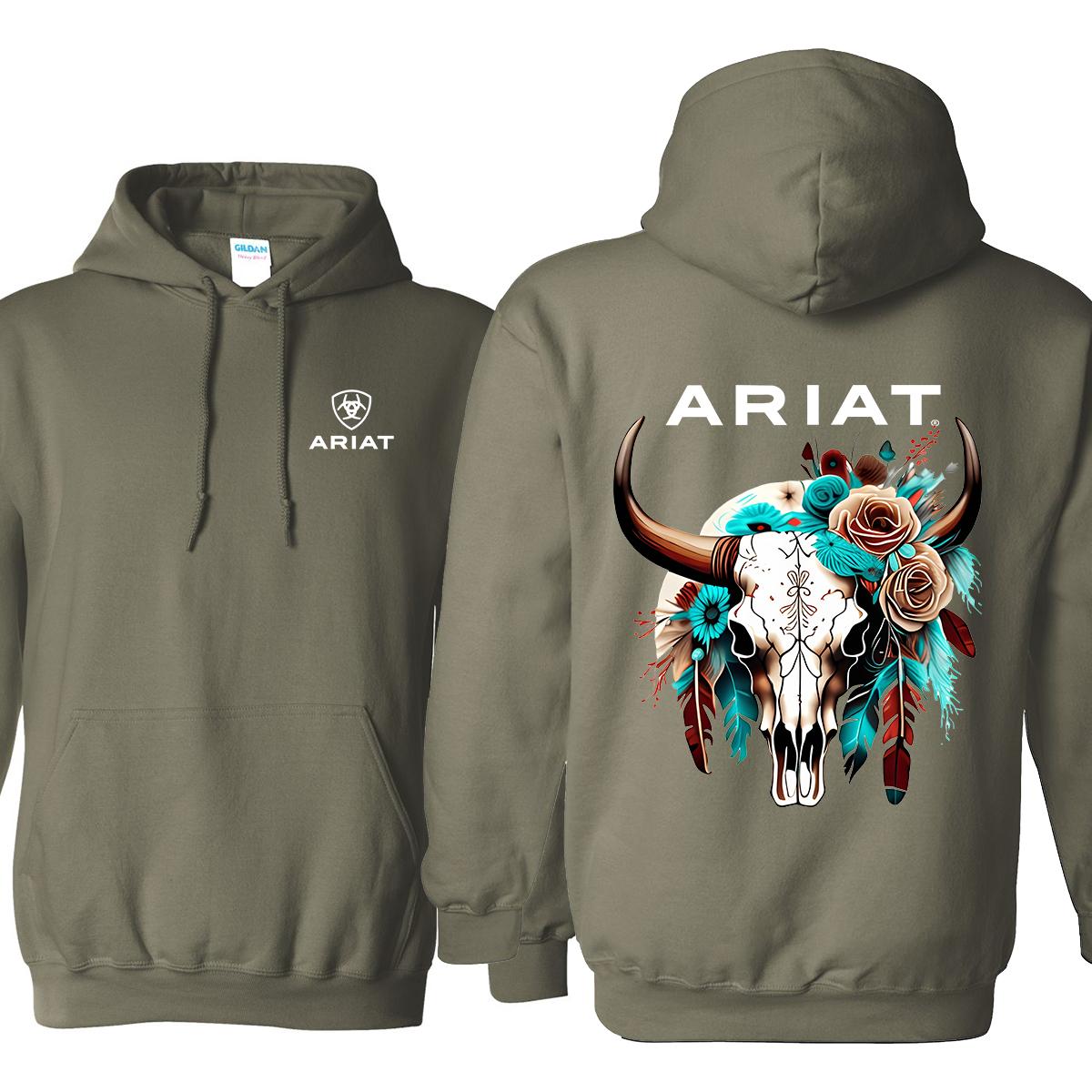 Ariat Hoodie - Sweatshirt - Tshirt Featuring A Wild Bull Skull Design With Intricate Floral Patterns Perfect For Outdoor Adventures Classic Cotton