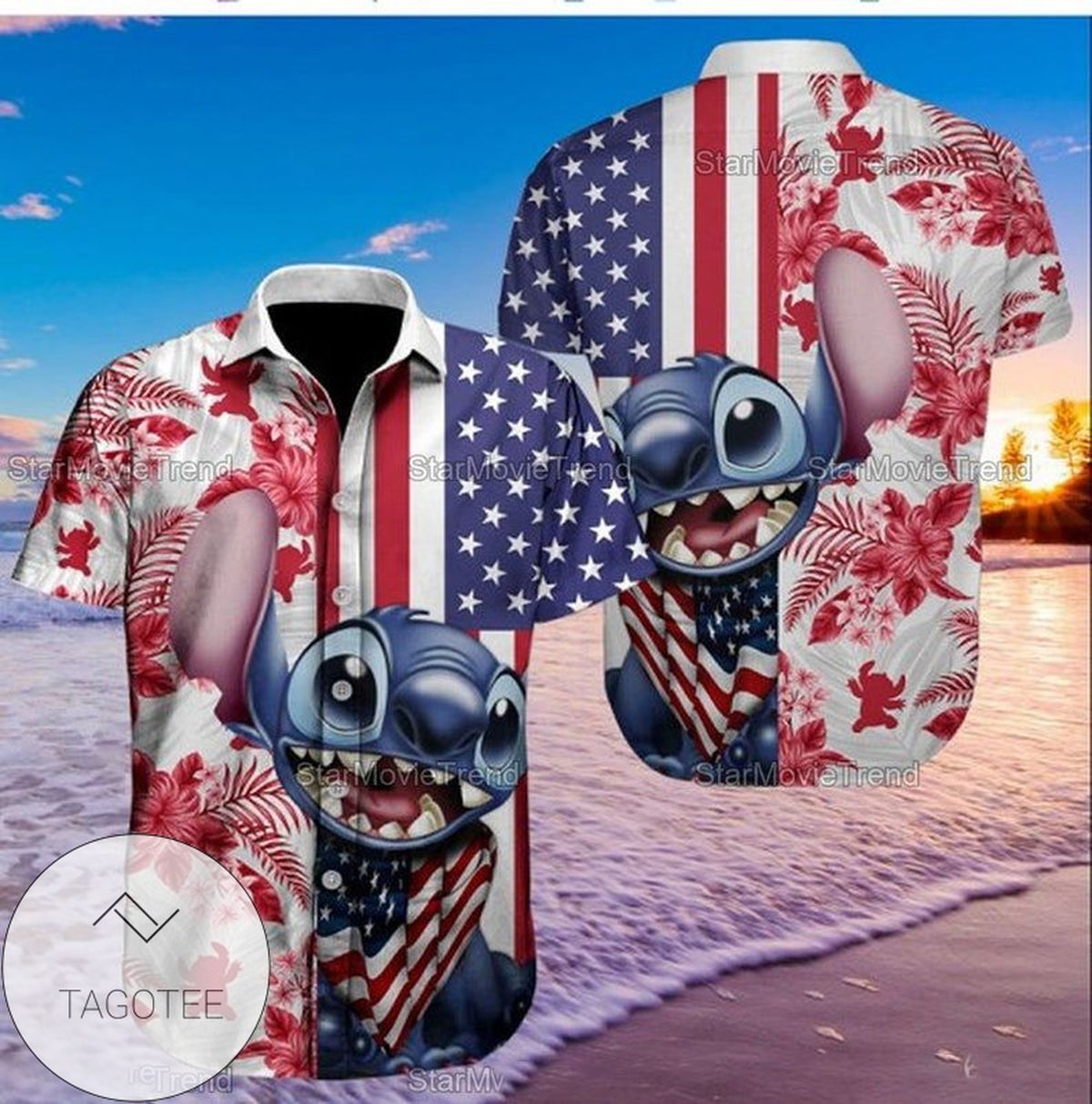 4th Of July Independence Day American Stitch Cartoon Lilo And Stitch For Men And Women Graphic Print Short Sleeve Hawaiian Casual Shirt