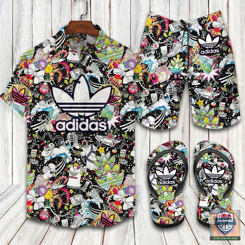 Adidas Black And White Hawaiian Shirt Beach Short