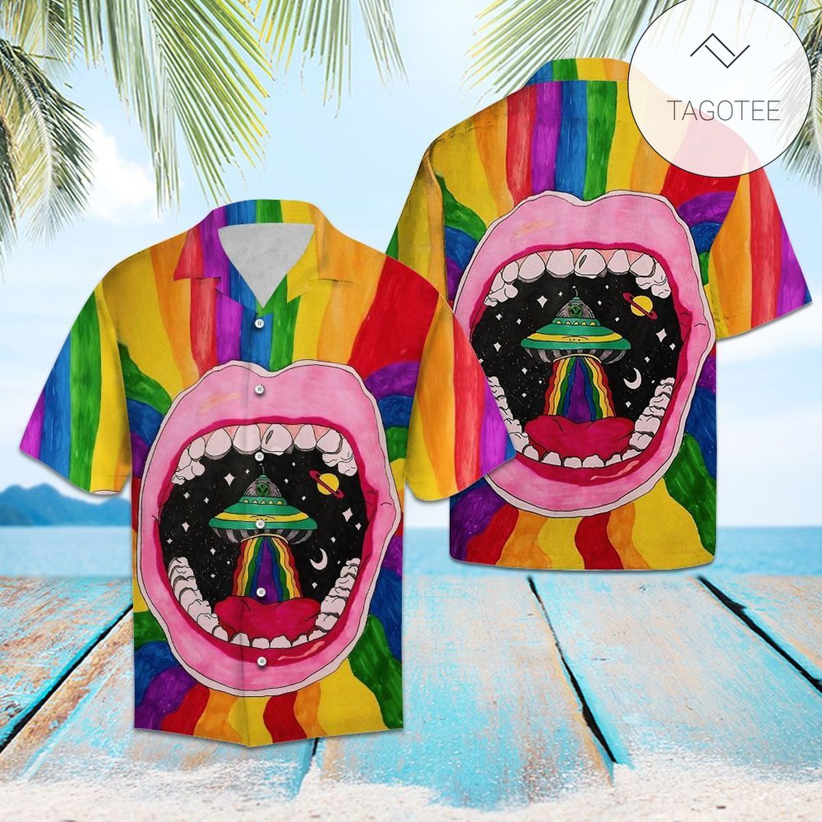 Alien colorful hippie Print Short Sleeve Hawaiian Casual Shirt