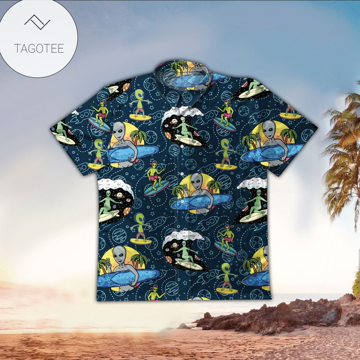 Alien Hawaiian Shirt Alien Head Pattern Green Blue Tie Dye Hawaii Aloha Shirt