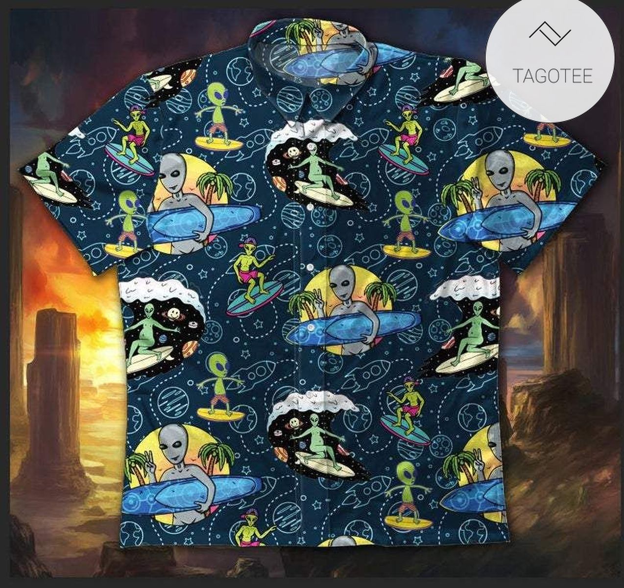 Alien Hawaiian Shirt Green Alien Floral Tropical White Hawaii Aloha Shirt