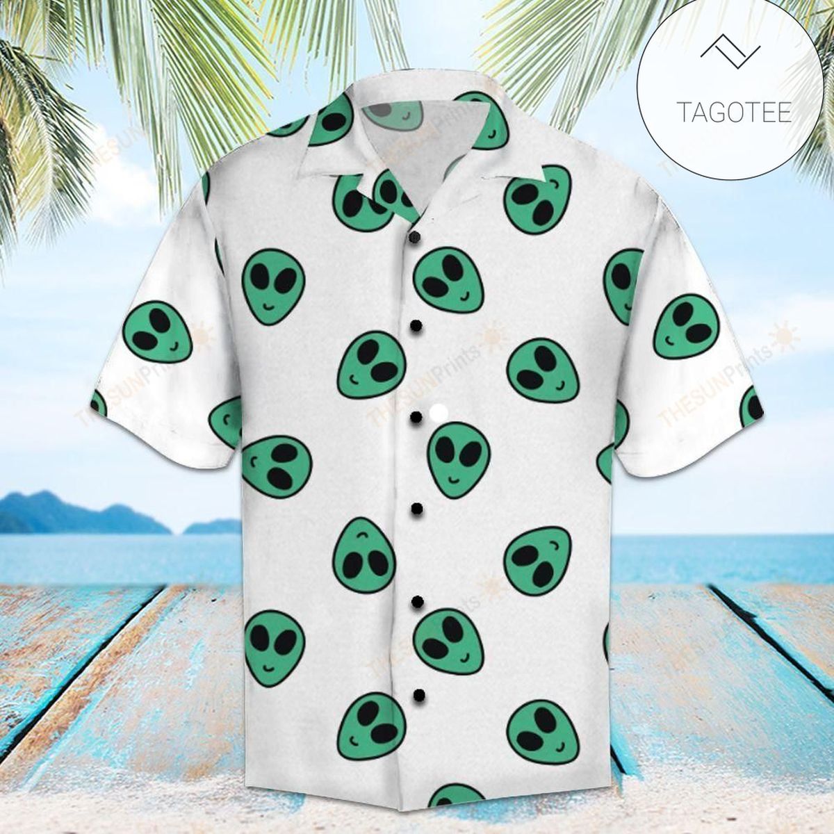 Alien Hawaiian Shirt Green Alien Floral Tropical White Hawaii Aloha Shirt