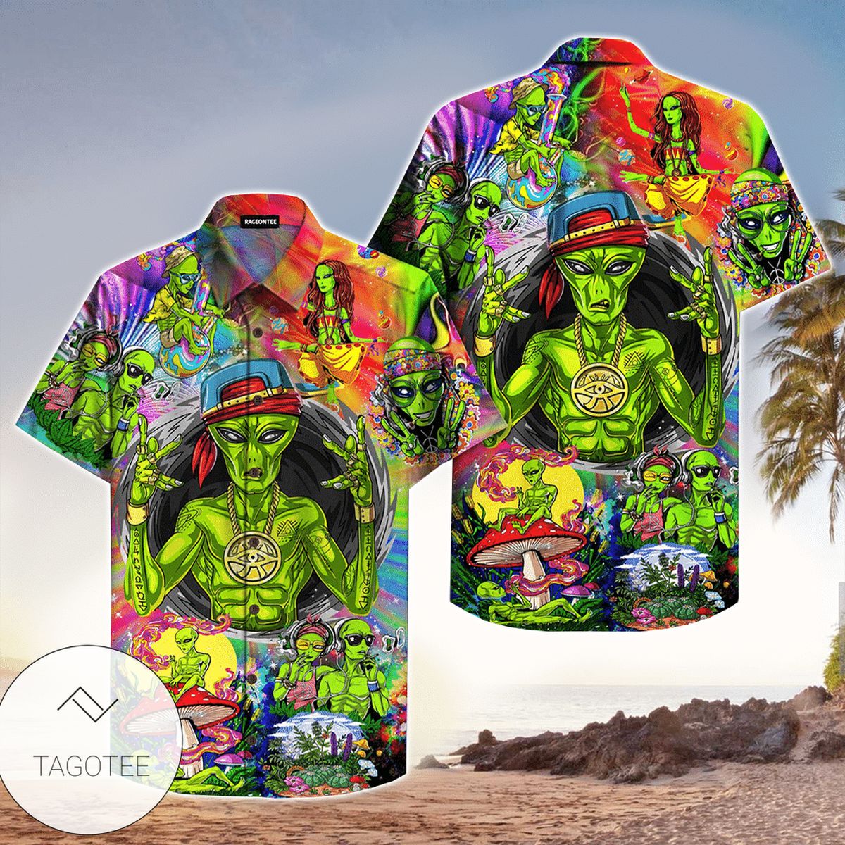 Alien In The World Of Mushrooms Hippie Hawaiian Shirt