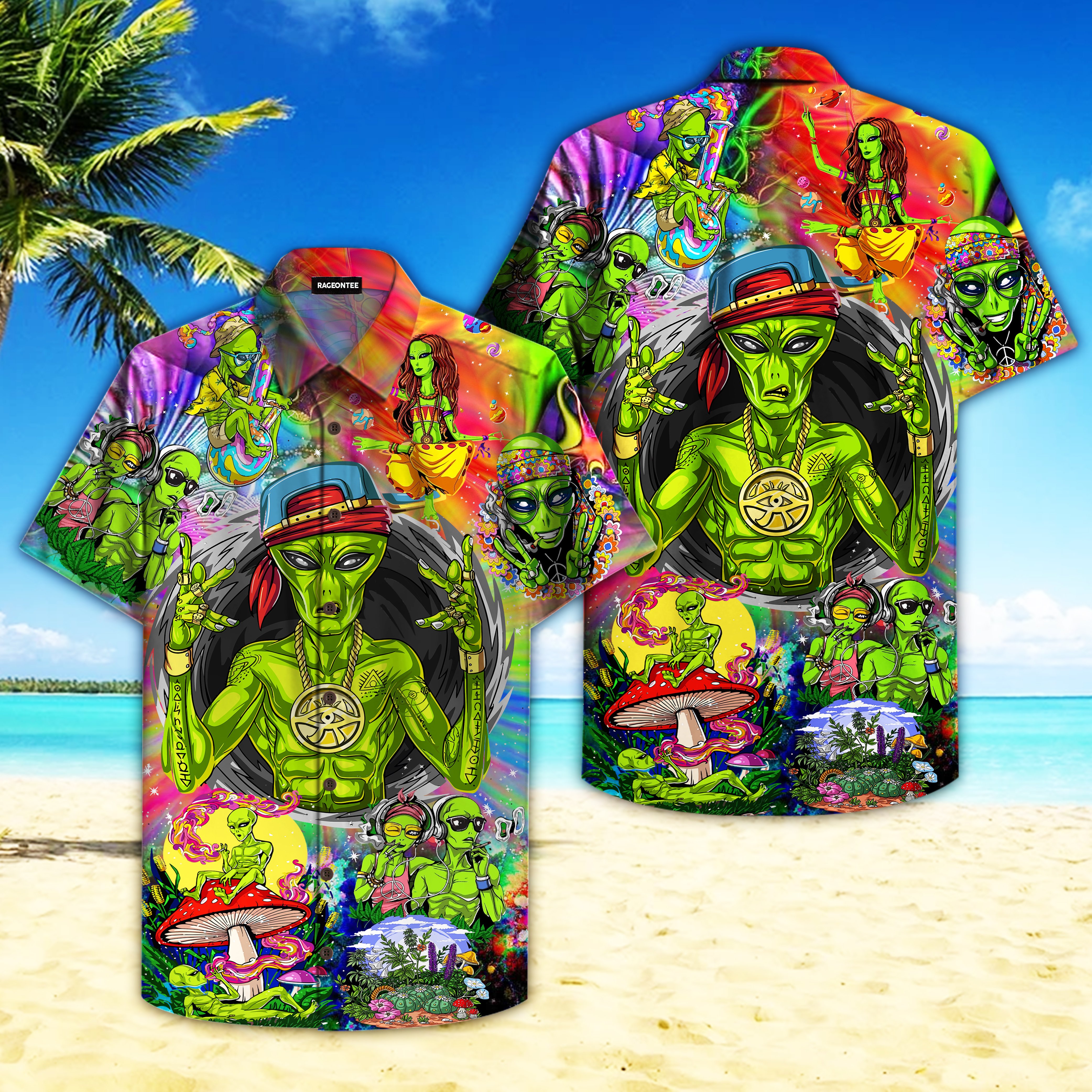 Alien In The World Of Mushrooms Hippie Hawaiian Shirt For Men Women