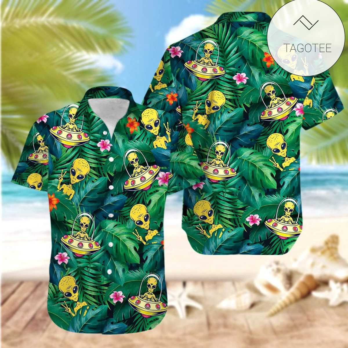 Alien Summer Tropical Hawaiian Graphic Print Short Sleeve Hawaiian Casual Shirt