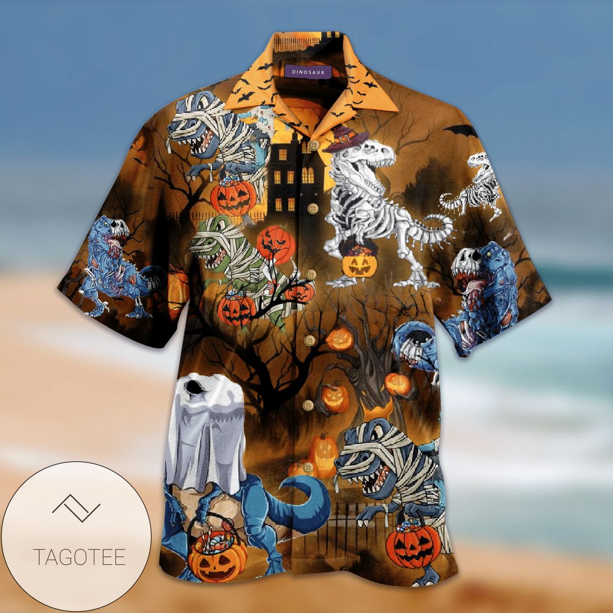 Amazing Halloween Dinosaur Pumpkin 3D Print Polyester Hawaiian Aloha Shirts