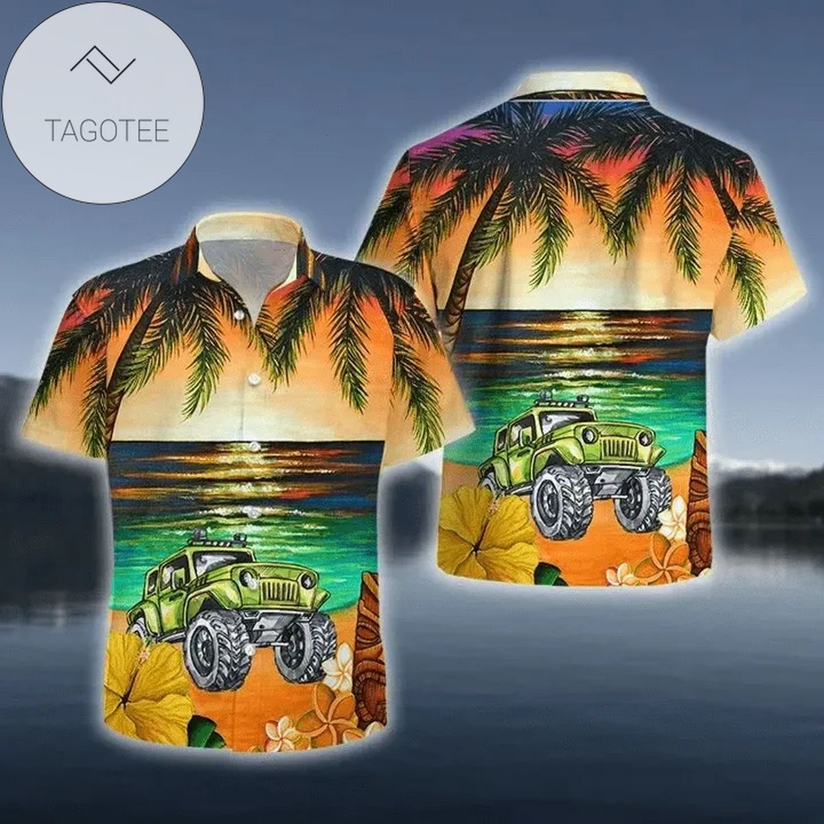 Amazing Jeep On The Beach Blue Unisex Hawaiian Aloha Shirts