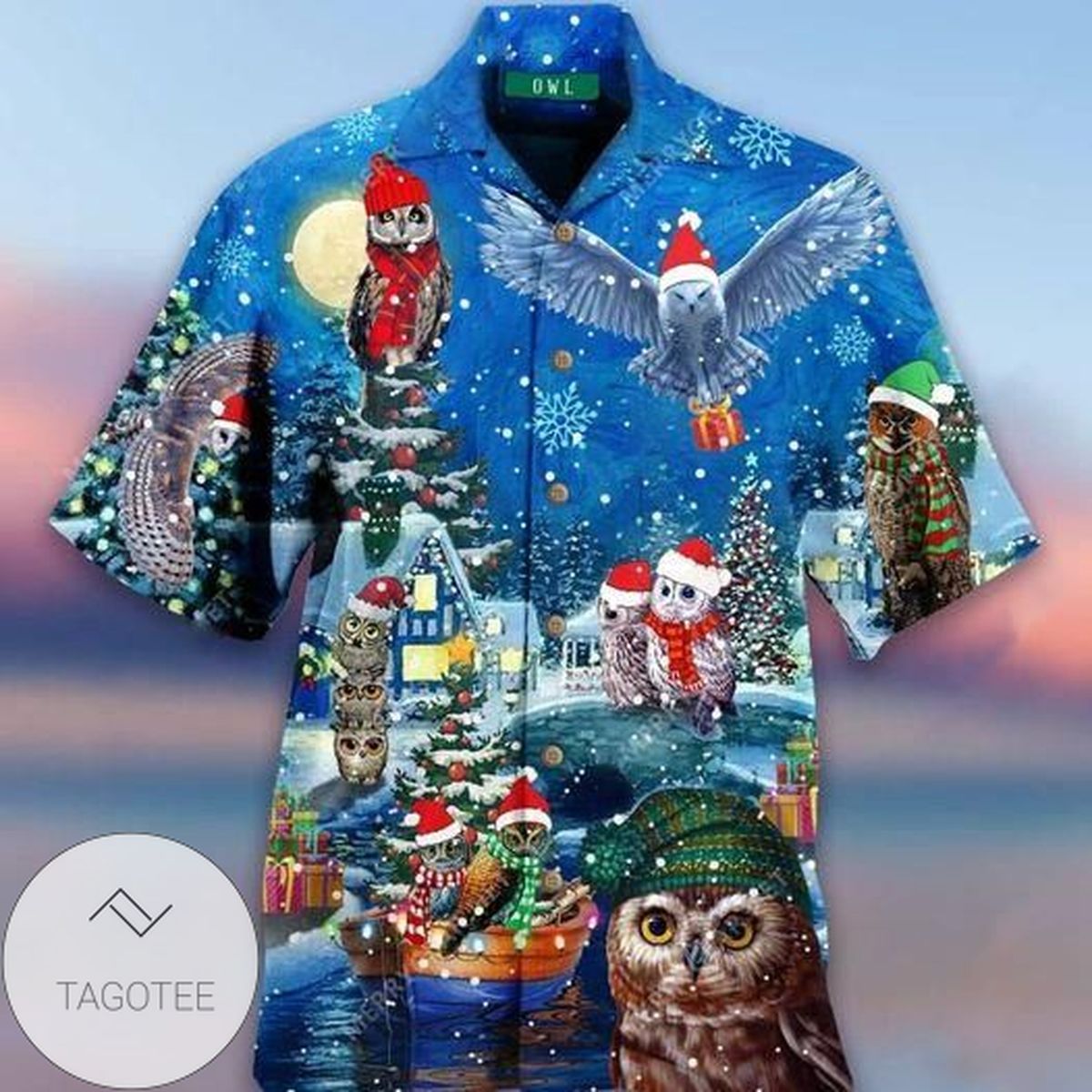 Amazing Owl On Christmas Days Blue Hawaiian Shirt