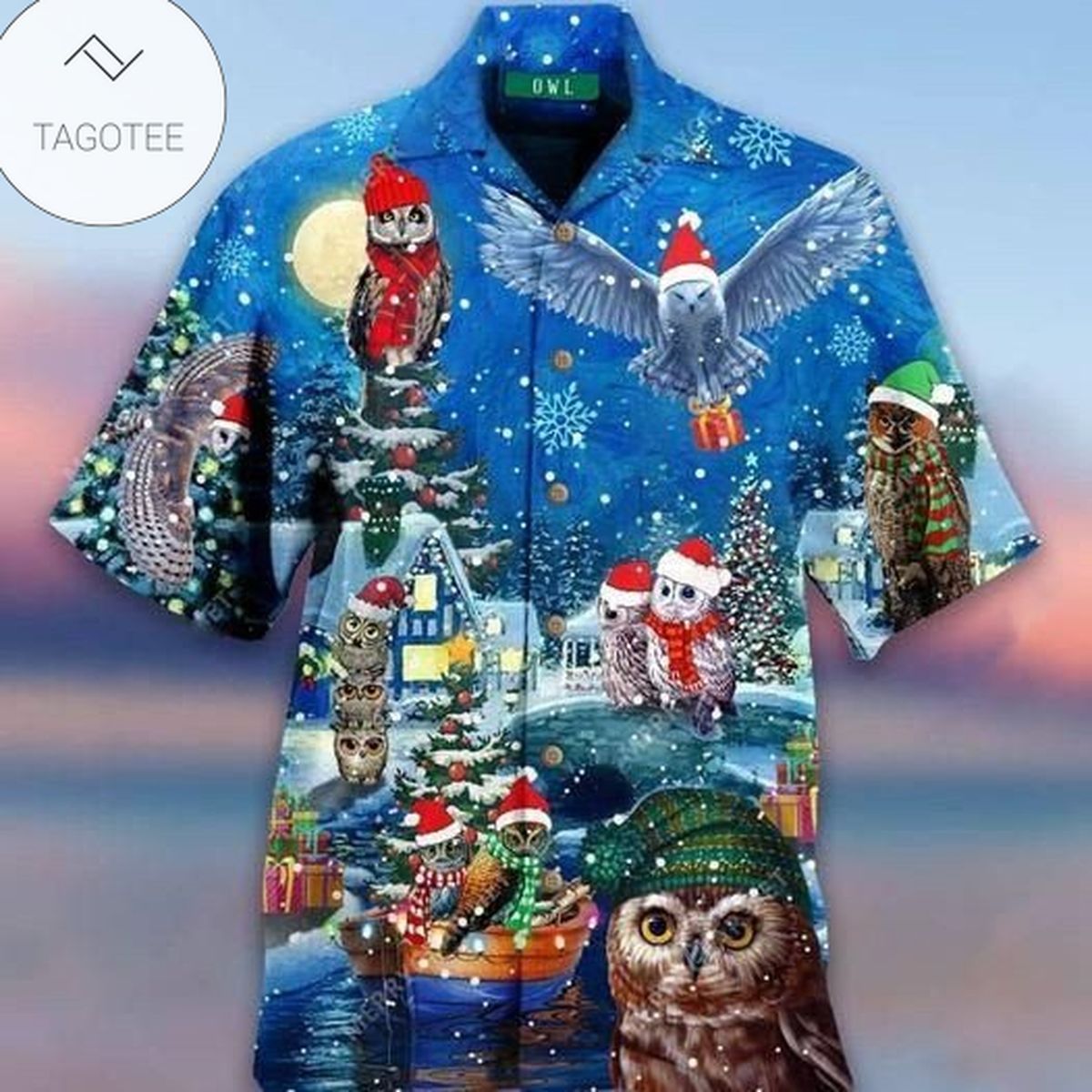 Amazing Owl On Christmas Days Blue Hawaiian Aloha Shirts