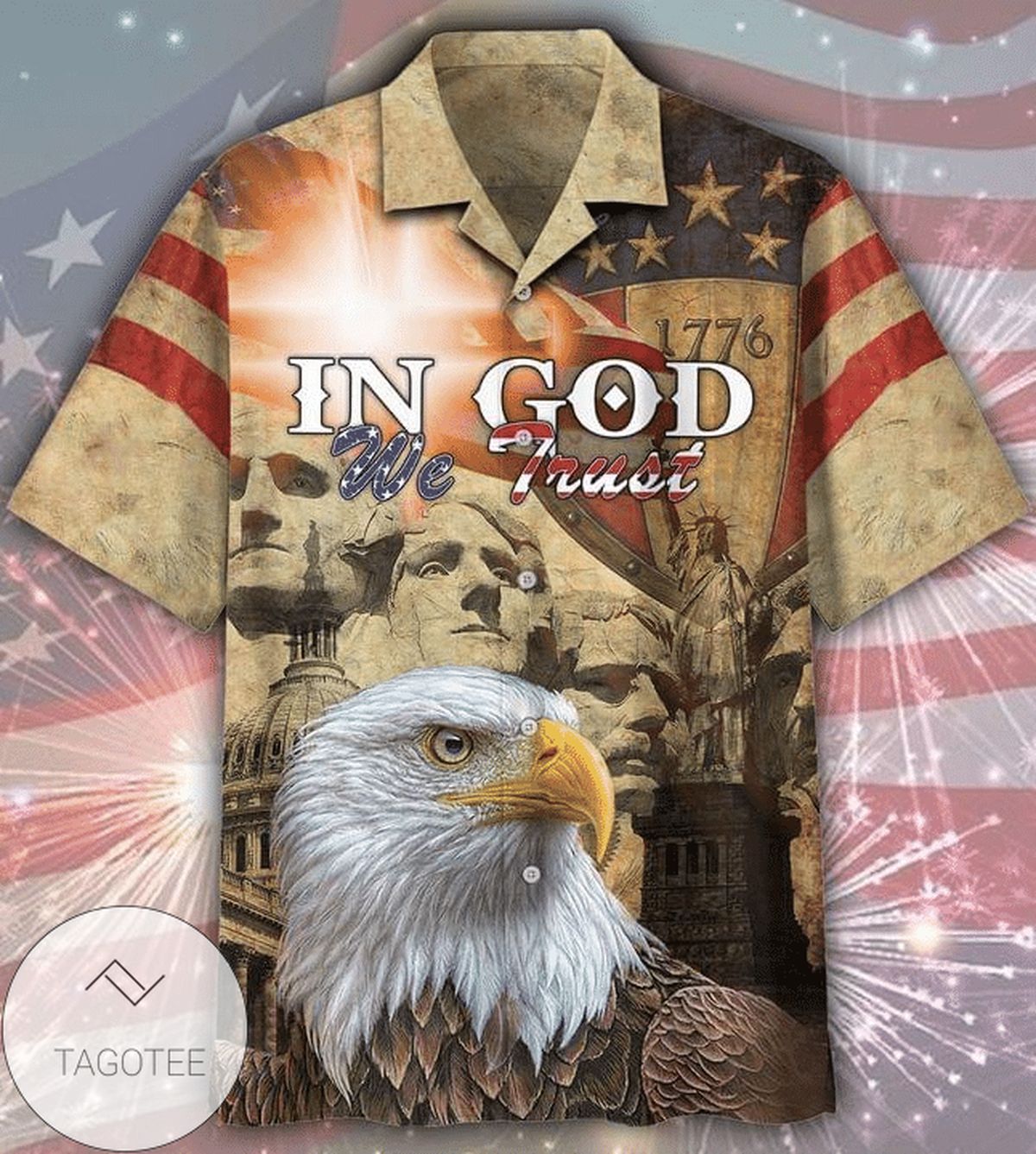 American Flag Eagle And Statue of Liberty Hawaiian Graphic Print Short Sleeve Hawaiian Casual Shirt