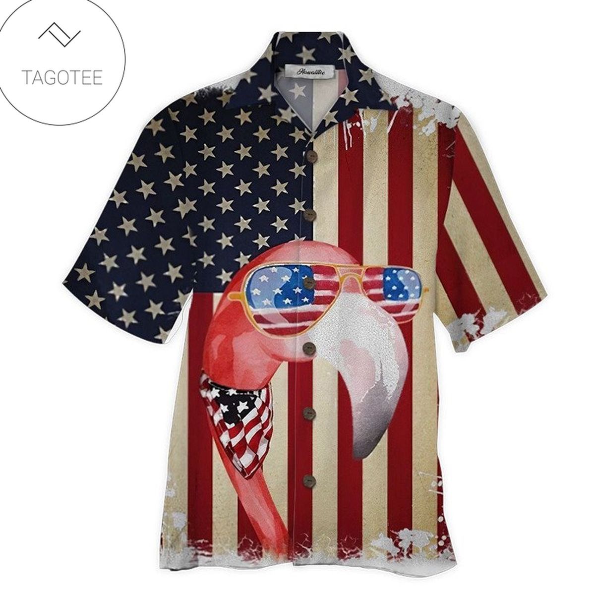 American Flag Flamingo Hawaiian Graphic Print Short Sleeve Hawaiian Casual Shirt