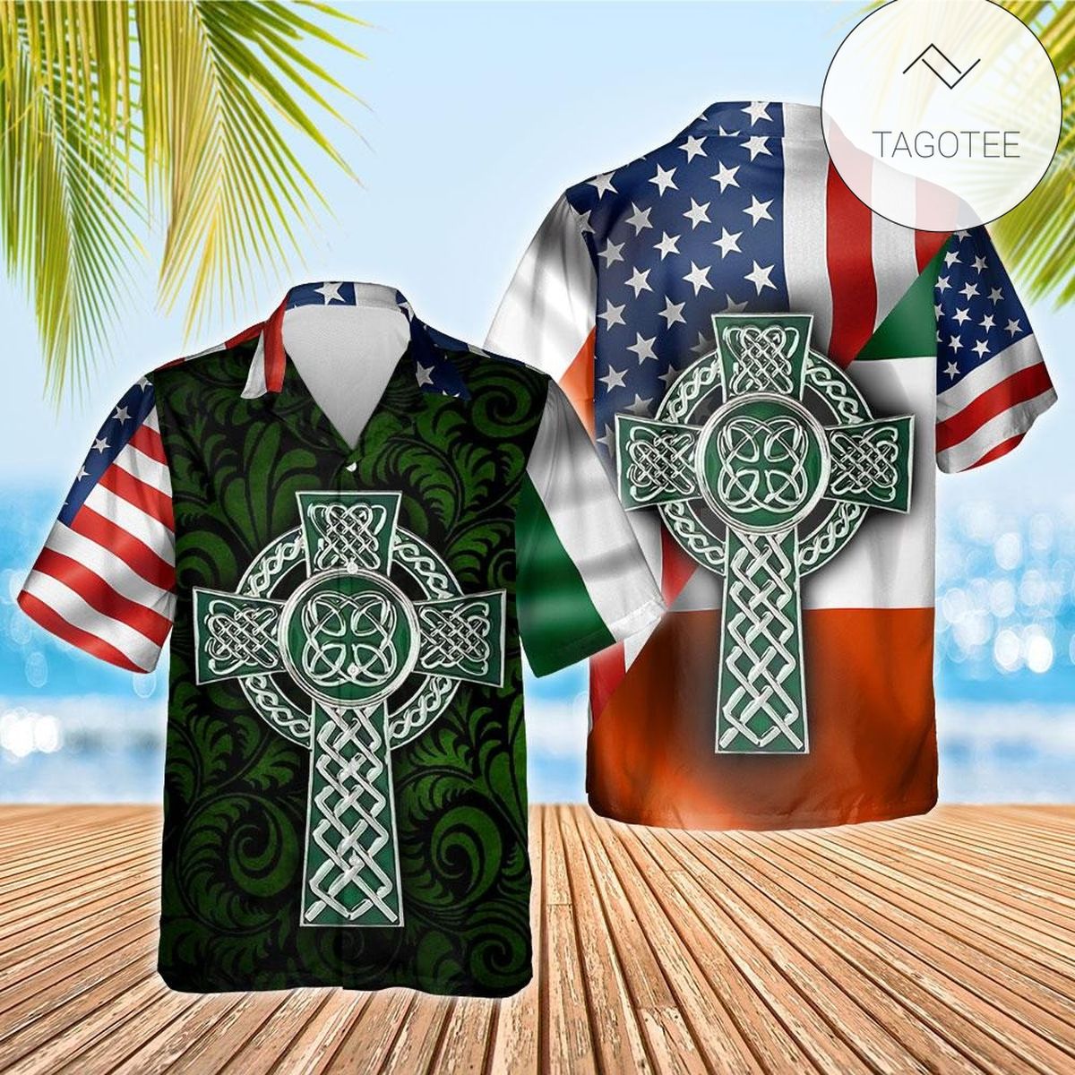 American Irish Flag With Celtic Cross Hawaiian Shirt