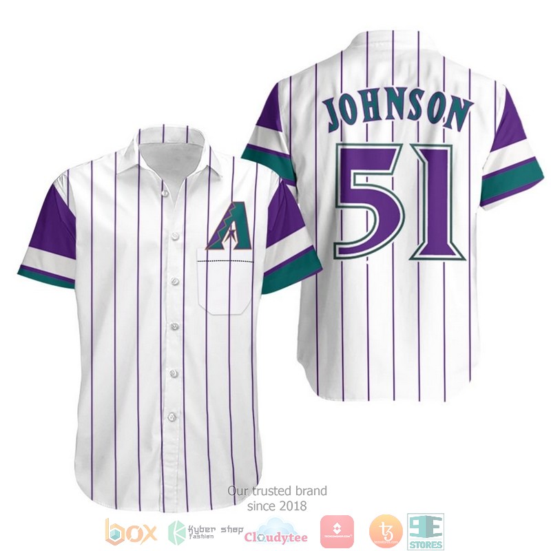 Arizona Diamondbacks Randy Johnson 51 Mlb White Purple Jersey Inspired Style Hawaiian Shirt