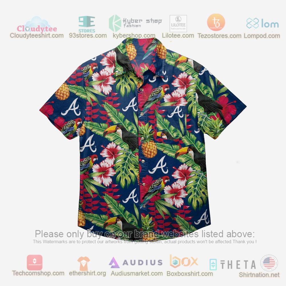 Atlanta Braves FOCO Floral Linen Navy Hawaiian Shirt