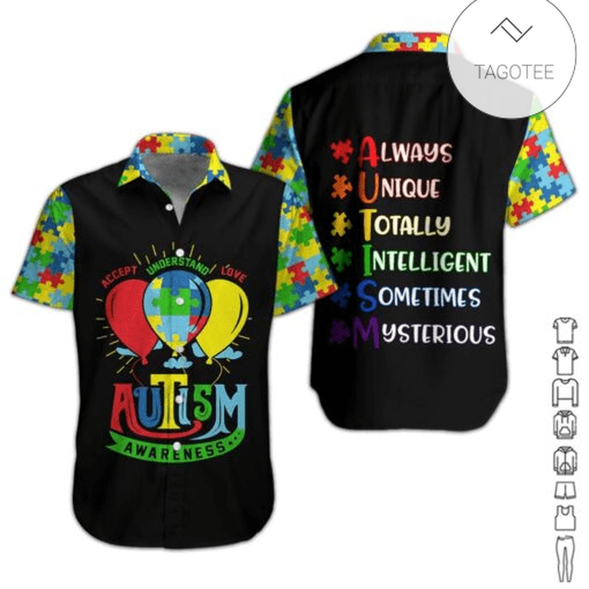 Autism Awareness Hawaii Shirt Black Colorful Autism Puzzle Piece Hawaiian Shirt