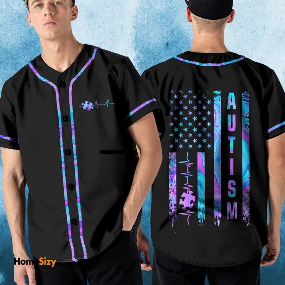 Autism Puzzle Hologram American Flag Baseball Jersey – Dnstyles